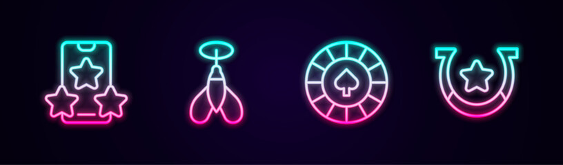 Set line Online sports betting, Dart arrow, Casino chips and Horseshoe. Glowing neon icon. Vector