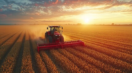 Fototapeta premium Tractor harvesting wheat at sunset.