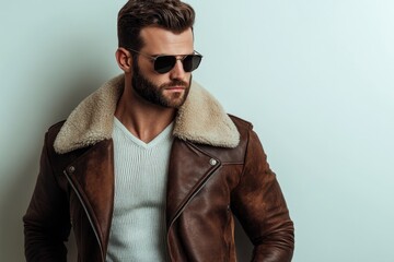 Obraz premium A fashionable young man poses confidently in a cozy leather jacket with a fur collar, displaying a modern winter look that combines comfort and style