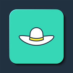 Filled outline Elegant women hat icon isolated on blue background. Turquoise square button. Vector