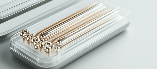 Gold and silver metal sticks in a case.