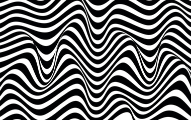 Abstract wave background, black and white wavy stripes or lines design. Abstract hypnotic pattern with black-white striped lines. Psychedelic background. Art, optical illusion. Modern design, graphic.