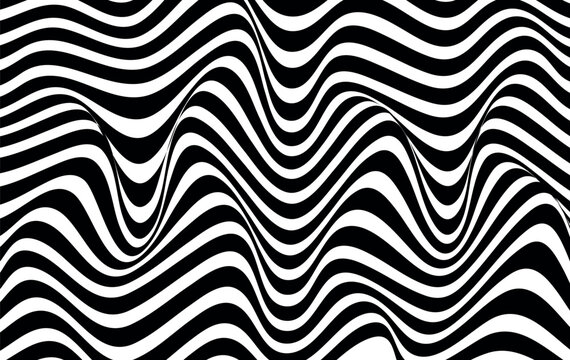 Abstract wave background, black and white wavy stripes or lines design. Abstract hypnotic pattern with black-white striped lines. Psychedelic background. Art, optical illusion. Modern design, graphic.