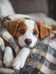 Adorable puppy snuggled in cozy blanket.