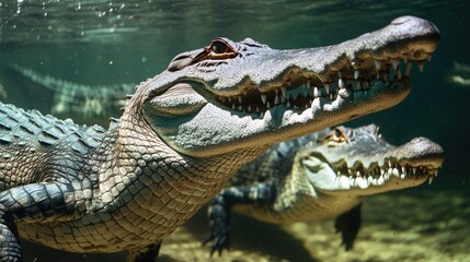 Fototapeta premium Two alligators swimming together in calm water