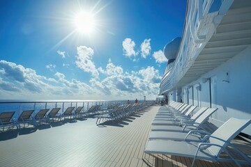 Obraz premium Lounge chairs on the deck of a cruise ship, perfect for relaxation at sea