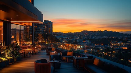 Naklejka premium Rooftop Lounge Offers Stunning City Sunset View