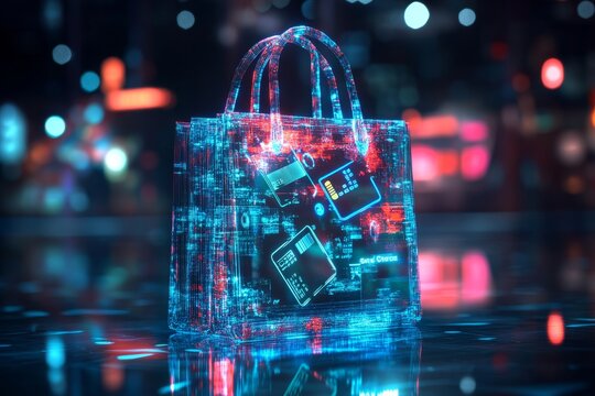 Futuristic holographic shopping bag featuring credit card icons representing online commerce