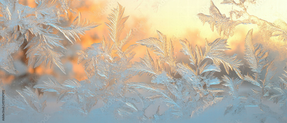 Poster delicate frost patterns create a stunning display on a winter windowpane at dawn