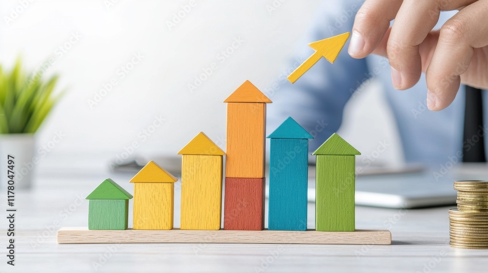 Poster hand pointing at colorful bar graph with coins and plant in background for business growth concept