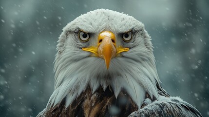 Obraz premium Close-up shot of a bald eagle's head and feathers covered in snow