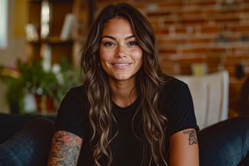 Obraz premium A woman sitting on a couch with a tattoo on her arm