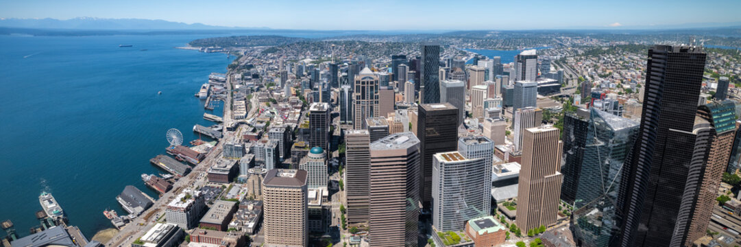 Downtown Seattle Buildings Panoramic Aerial View - Powered by Adobe