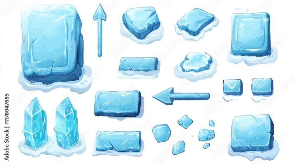 Poster ice game buttons, cartoon menu interface of iced textured blocks, ui gui graphic design elements. fr