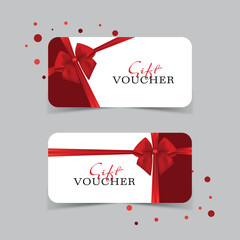 Gift card template with realistic red bow. Certificate, coupon, flyer design. Discount card for shop or boutique. Vector illustration