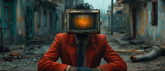 Fototapeta premium Post Apocalyptic Man TV Head Ruin Street Scene