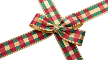 Fototapeta premium Elegant Christmas bow featuring a red and green checkered pattern with gold accents, perfect for holiday gift wrapping, festive decorations, and seasonal crafting projects.