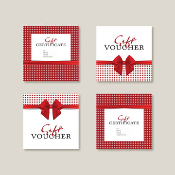 Gift card template with realistic red bow. Certificate, coupon, flyer design. Discount card for shop or boutique. Vector illustration