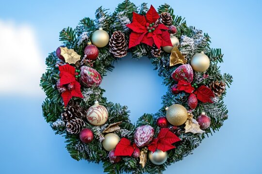 A festive Christmas wreath adorns a blue wall