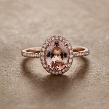 Morganite and Diamond Halo Ring &ndash; A blush-colored morganite stone surrounded by a halo of sparkling diamonds, set in a rose gold band.