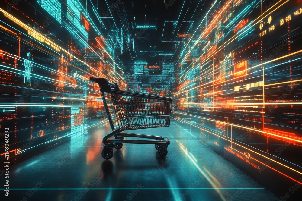 Poster futuristic smart retail solutions shopping cart in a data driven environment with glowing lines