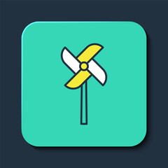 Filled outline Pinwheel toy icon isolated on blue background. Windmill toy icon. Turquoise square button. Vector