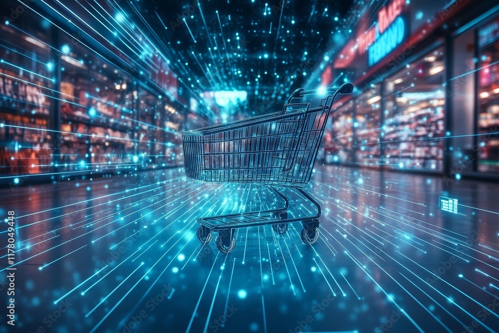 Poster futuristic smart retail solutions with a shopping cart in a data driven environment