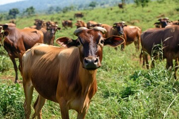 Fototapeta premium A group of brown cows stand on a lush green field, grazing and enjoying the outdoors