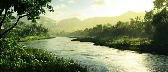 Obraz premium Cinematic view of a tranquil river winding through a lush green valley at sunrise