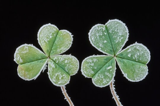 A pair of two-leafed clover plants covered in frost