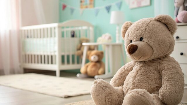 Oso de peluche tierno en habitaci&oacute;n de beb&eacute;