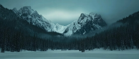 Cinematic view of majestic snow-covered mountain range under moody skies