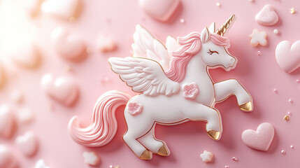 Obraz premium Unicorn with White Wings on Pink Background with Hearts and Flowers. Love and Romantic Background. Valentine's day concept