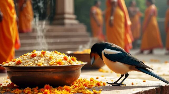 Ancestral Offering Accepted Through Magpie in Pitru Paksha Ritual