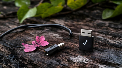 USB adapter on wood, nature background; tech accessories, data transfer