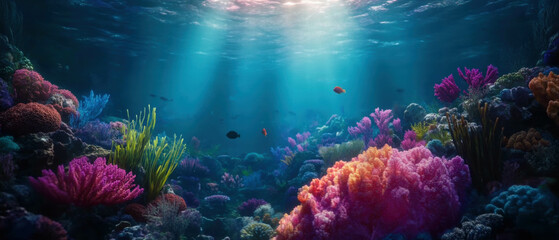 Naklejka premium Cinematic view of a colorful coral reef teeming with marine life in clear blue waters
