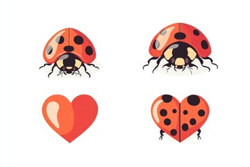 Fototapeta premium Four colorful ladybugs with hearts on a white background