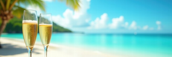 Celebrate love this Valentine's Day with a romantic beach setting featuring sparkling drinks and a serene ocean backdrop.