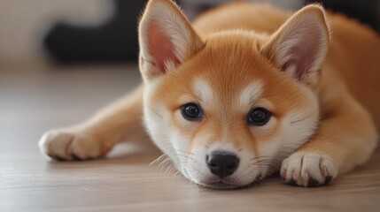 A calm canine on a floor, perfect for pet-related or interior design scenes