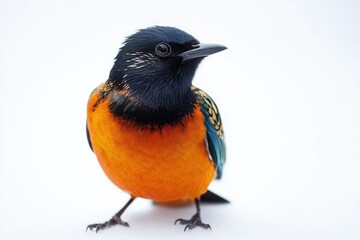 Obraz premium A black and orange bird perched on a white surface, ready to take flight