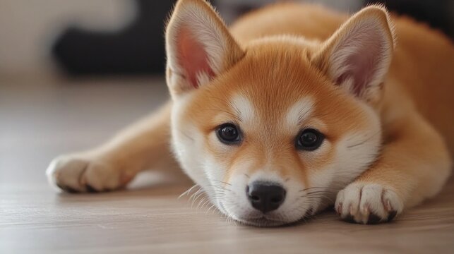 A calm canine on a floor, perfect for pet-related or interior design scenes