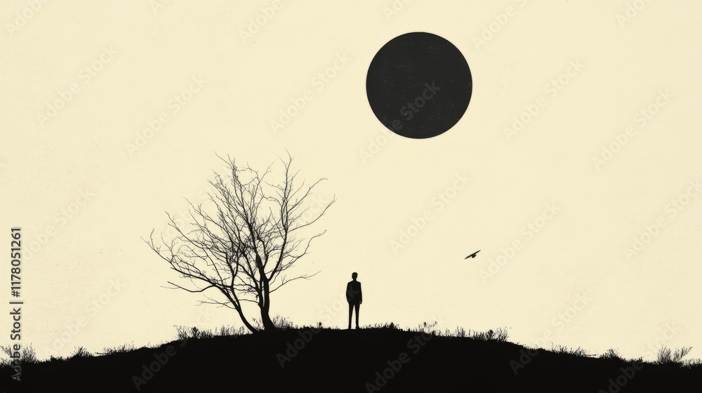 Poster silhouette of a person standing near a leafless tree under a large dark circle in a minimalist lands