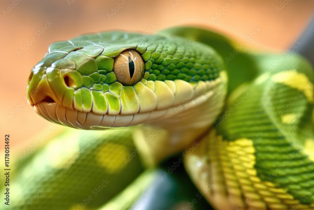 Poster a close-up shot of a green snake's head, perfect for emphasizing details or adding texture to your d