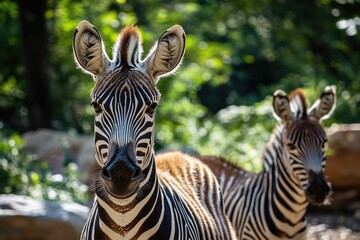 Fototapeta premium Two striped zebras pose side by side in a natural setting