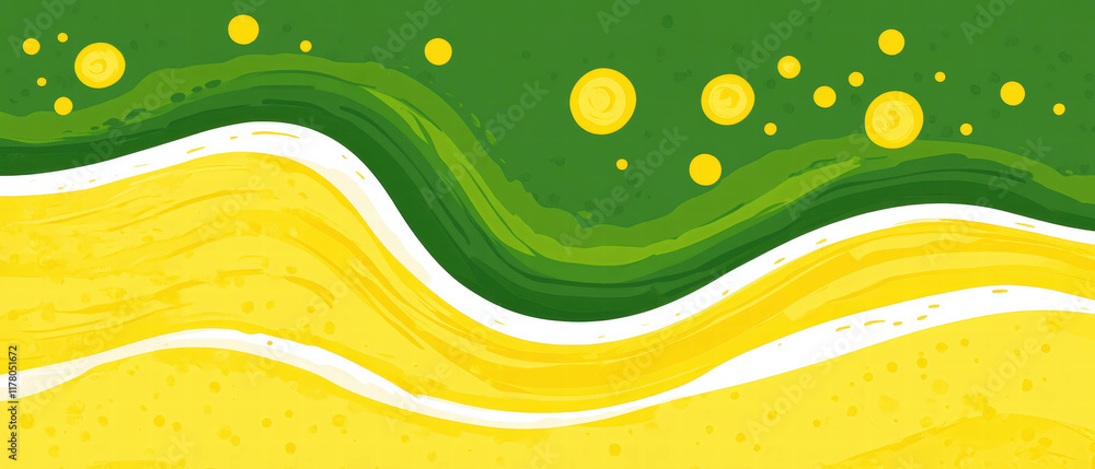 Poster Retro abstract design featuring flowing green and yellow waves with circular patterns