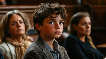 Obraz premium Cute child and mother at table with gavel of judge blurred in background, family law concept