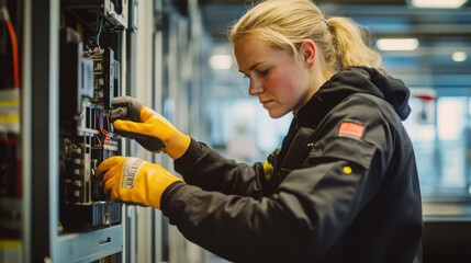 Professional electrician replacing fuse in industrial setting - energy maintenance and safety