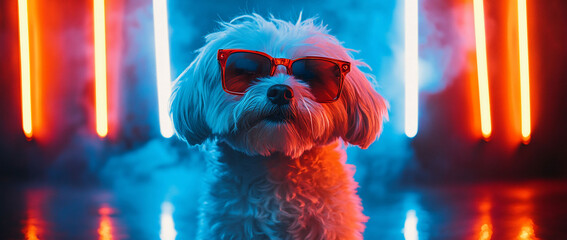 Cool dog wearing sunglasses in neon light. (3)