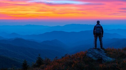 Obraz premium Hiker silhouetted at sunset overlooking vast mountain range.