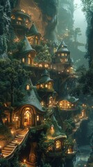 Fototapeta premium Enchanted Bioluminescent Cave City Fantasy Architecture 8K Night